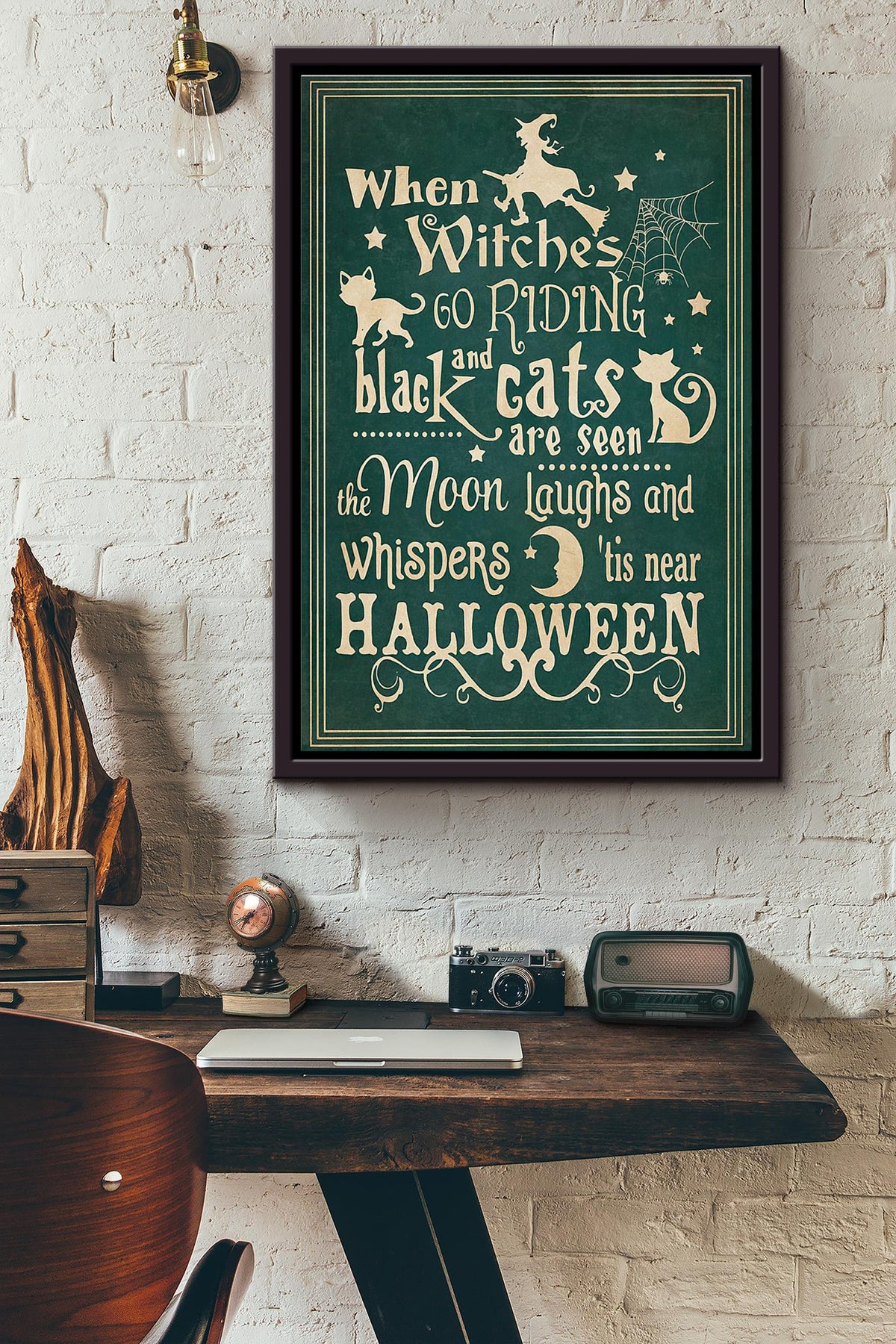 Halloween When Witches Go Riding And Black Cats Are Seen The Moon Laughs Poster Framed Matte Canvas