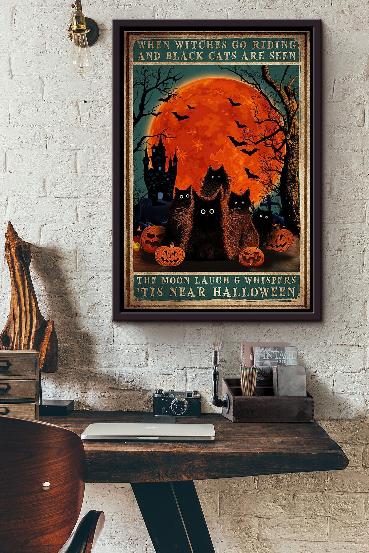 When Witches Go Riding And Black Cat Are Seen Halloween Blood Moon Poster Framed Matte Canvas
