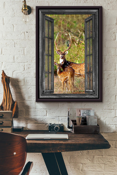 Window View Deers In The Forest Poster Framed Matte Canvas