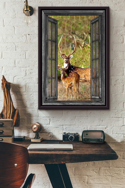 Window View Deers In The Forest Poster Framed Matte Canvas