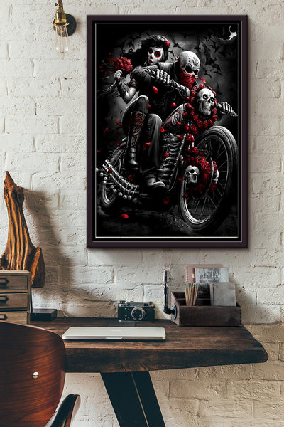 Tattoo Couple Skull Motorcycle Racing Halloween Poster Framed Matte Canvas
