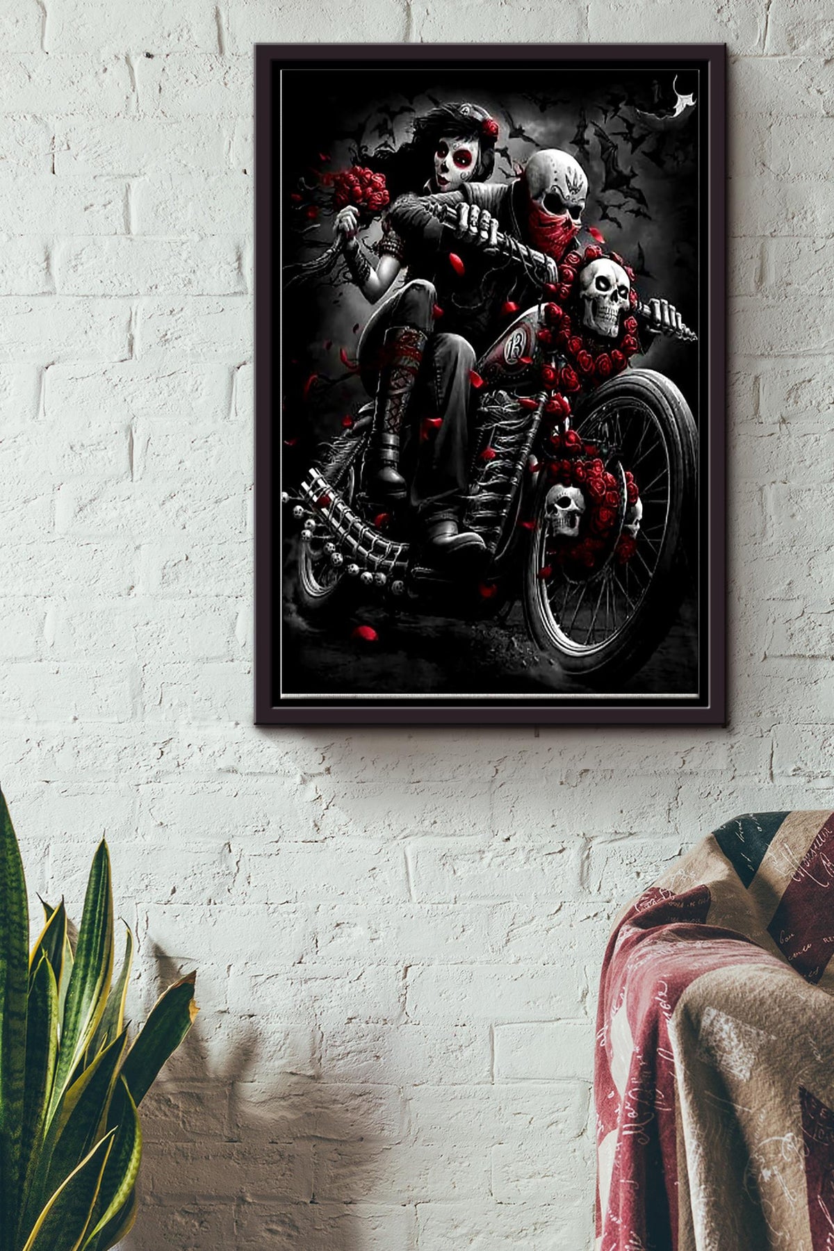 Tattoo Couple Skull Motorcycle Racing Halloween Poster Framed Matte Canvas