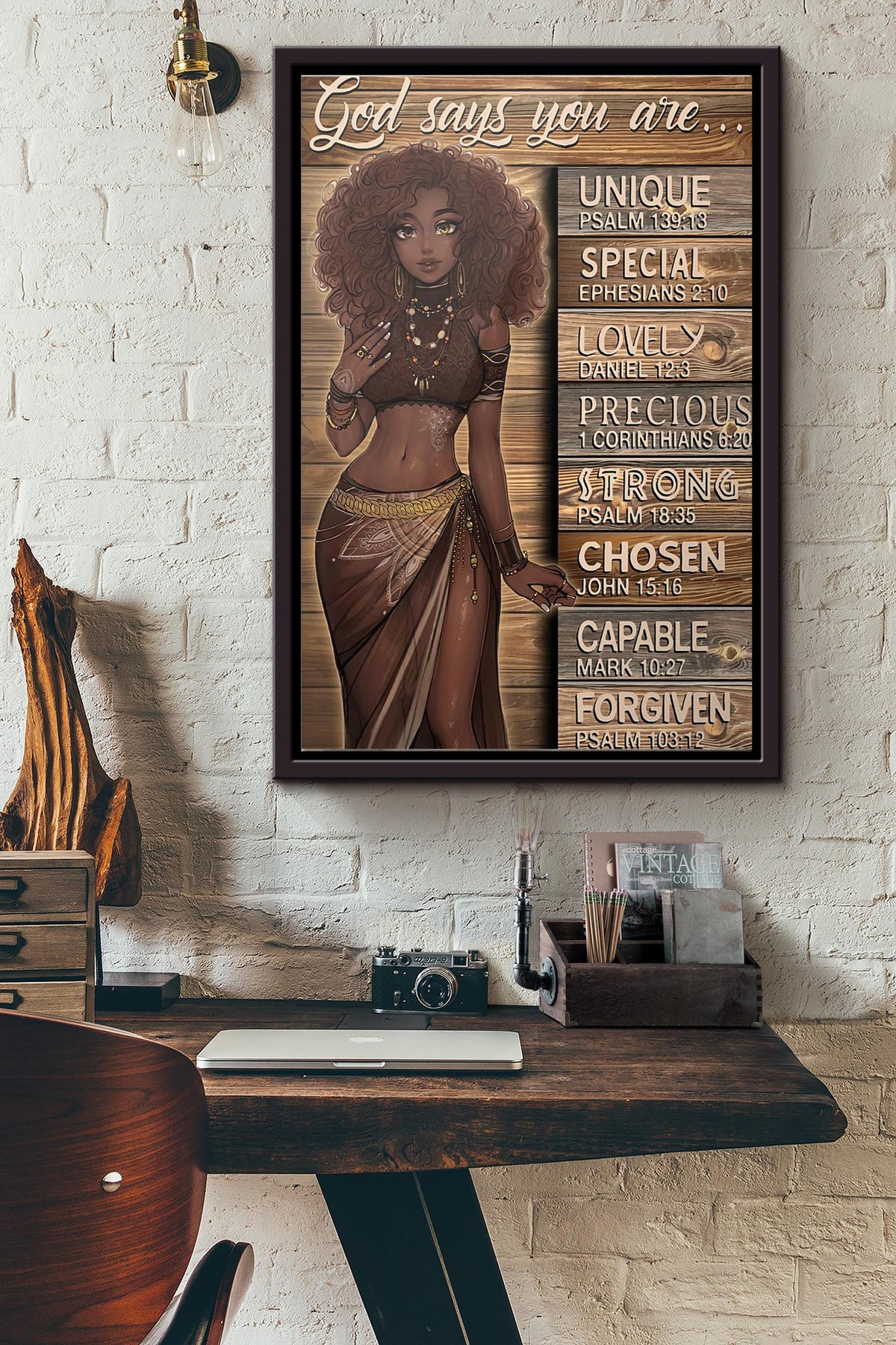Afro Girl God Says You Are Unique Special Lovely Precious Strong Chosen Capable Forgiven Poster Framed Matte Canvas