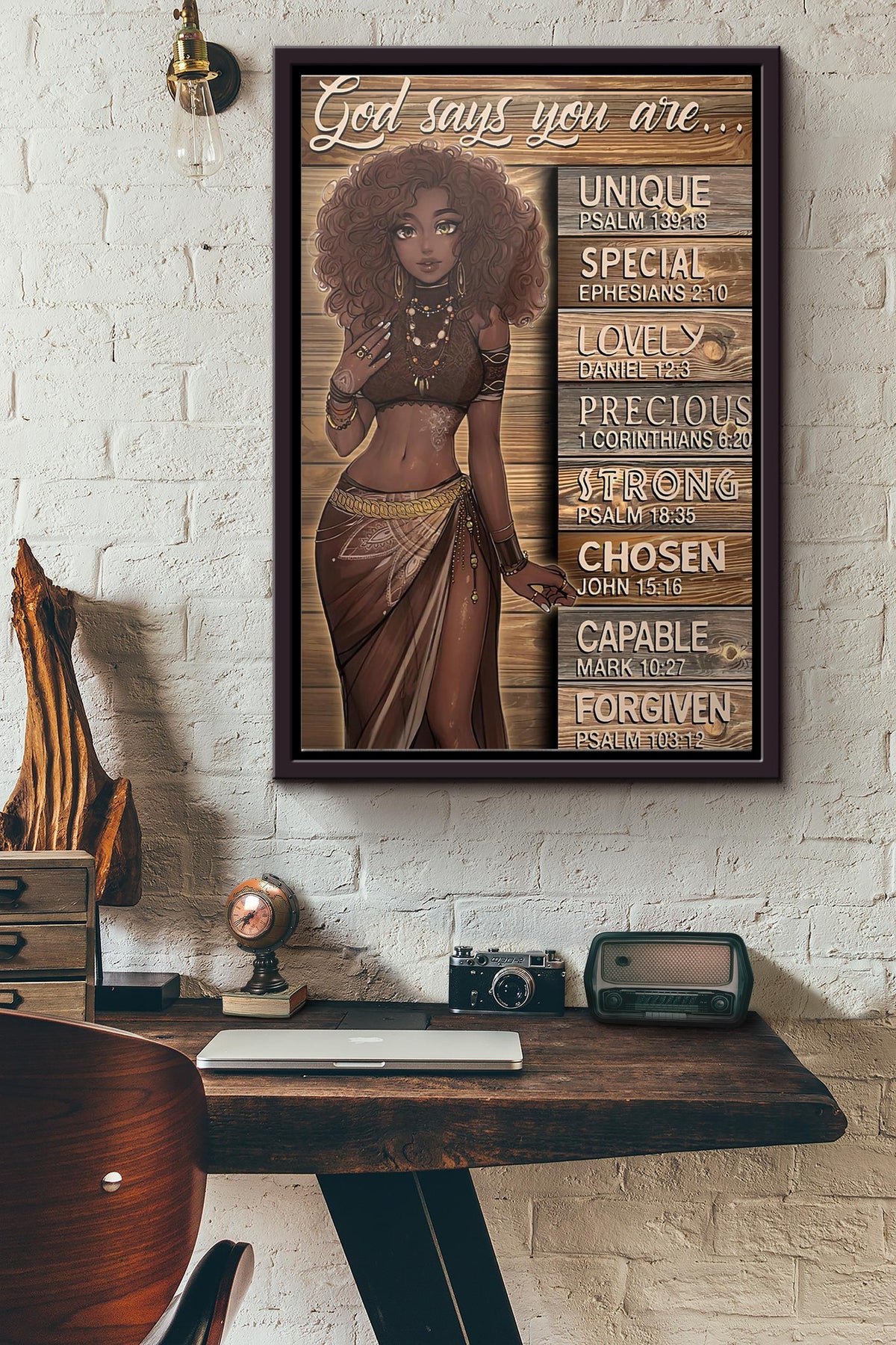 Afro Girl God Says You Are Unique Special Lovely Precious Strong Chosen Capable Forgiven Poster Framed Matte Canvas