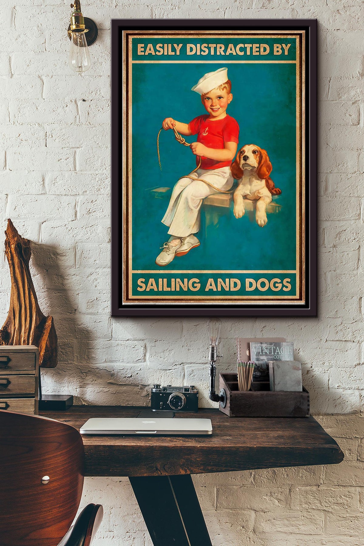 Easily Distracted By Sailing And Dogs Sailor Framed Matte Canvas