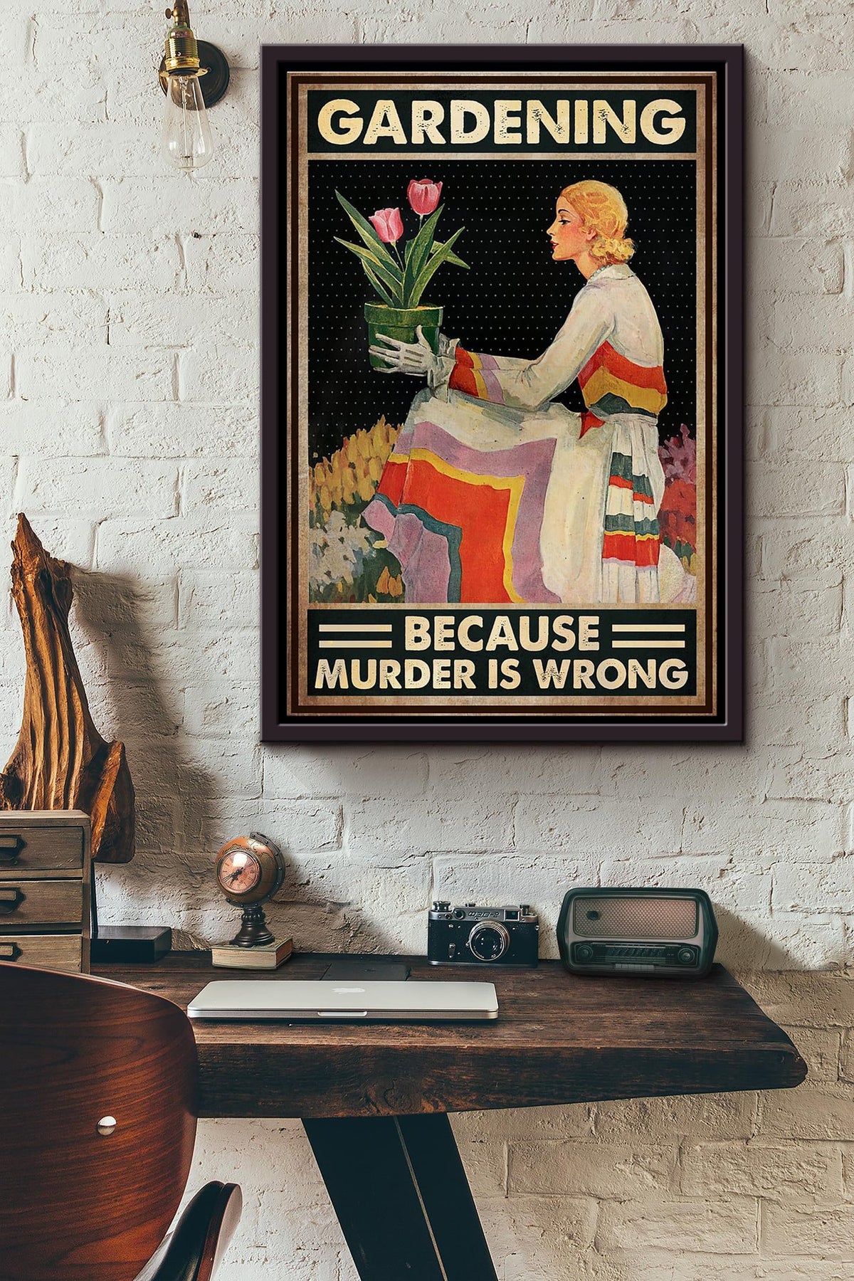 Vintage Woman Gardening Because Murder Is Wrong Poster Framed Matte Canvas
