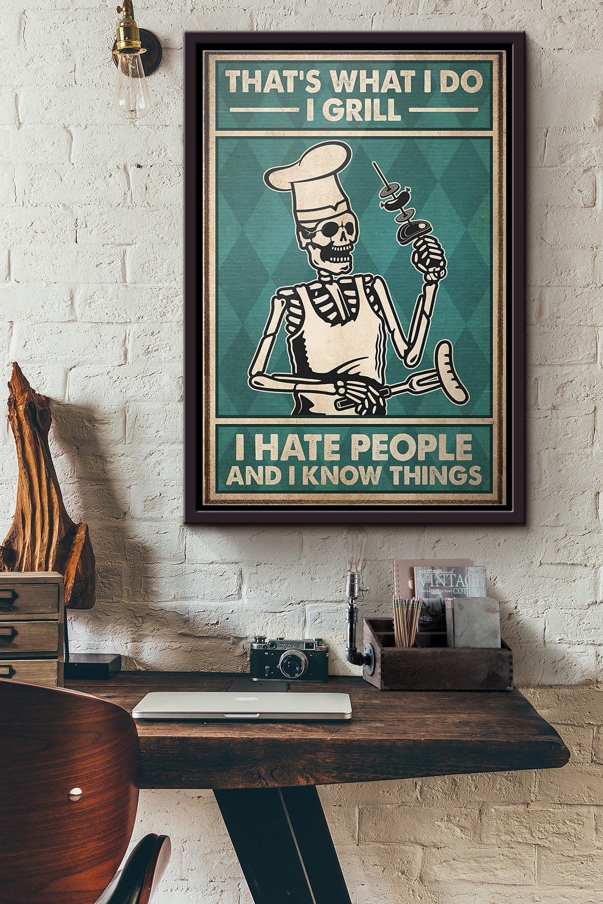 Camping Skull Bbq Thats What I Do I Grill I Hate People And I Know Things Poster Framed Matte Canvas