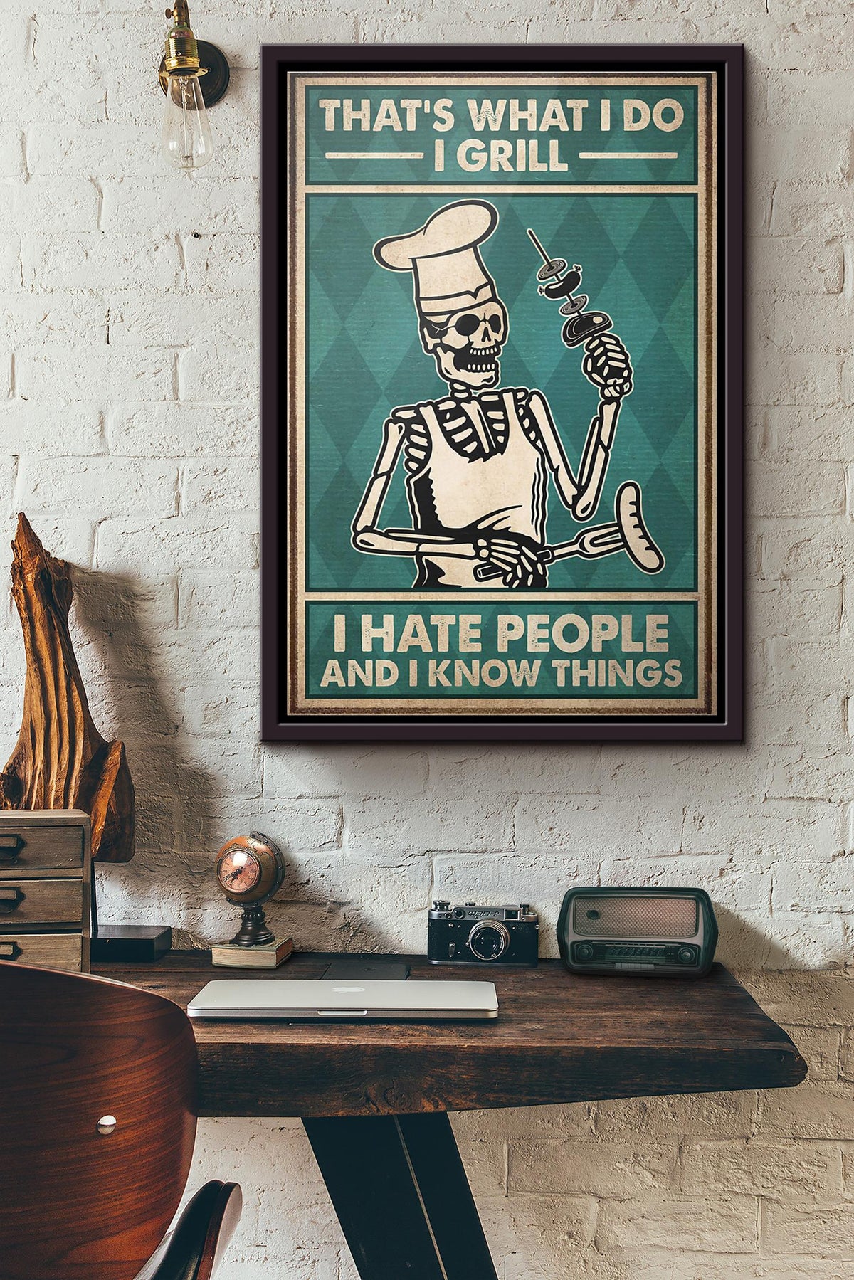 Camping Skull Bbq Thats What I Do I Grill I Hate People And I Know Things Poster Framed Matte Canvas
