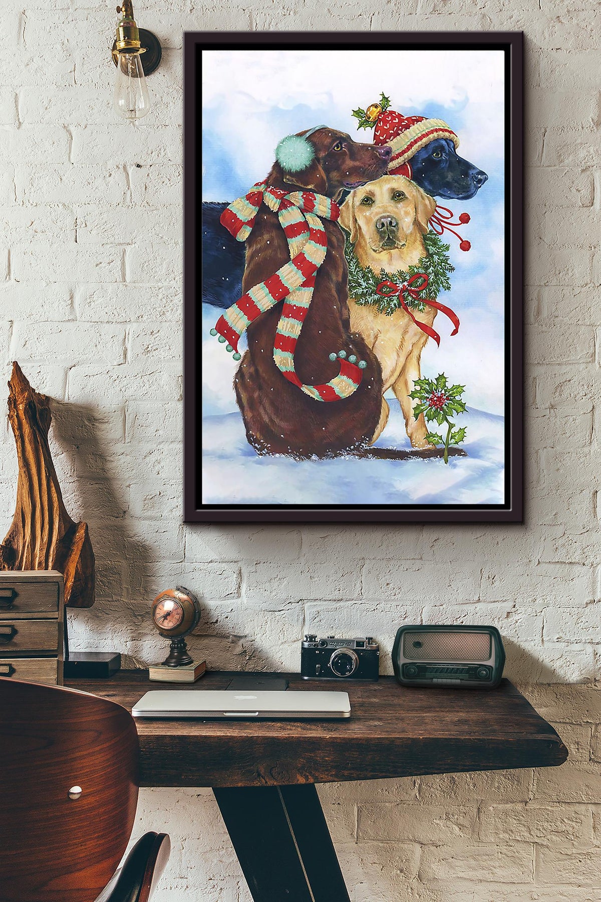 Chrismast Dogs German Sheprador Poster Framed Matte Canvas