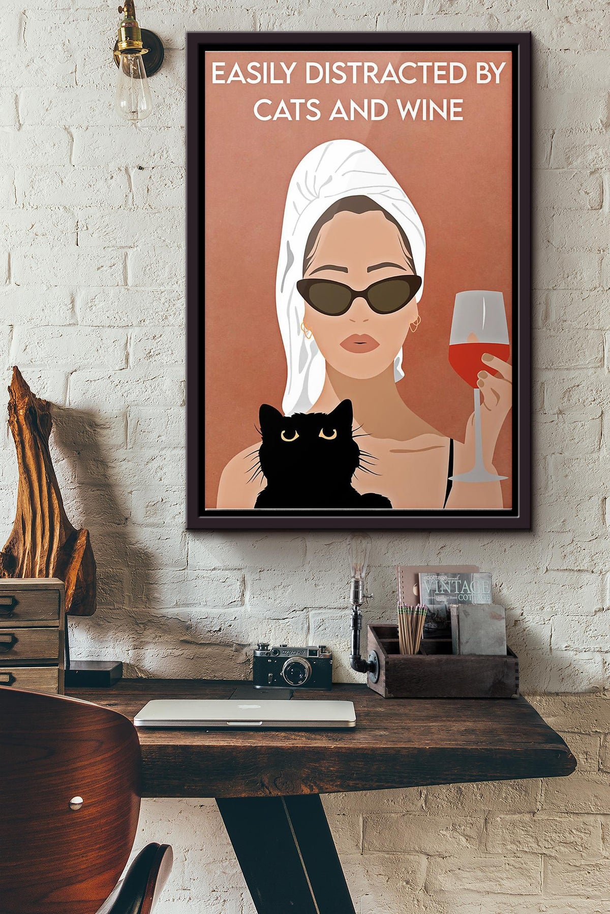 Easily Distracted By Cats And Wine Poster Framed Matte Canvas