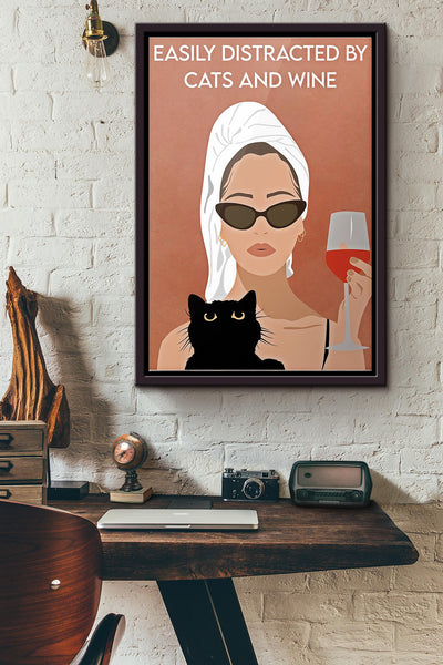 Easily Distracted By Cats And Wine Poster Framed Matte Canvas
