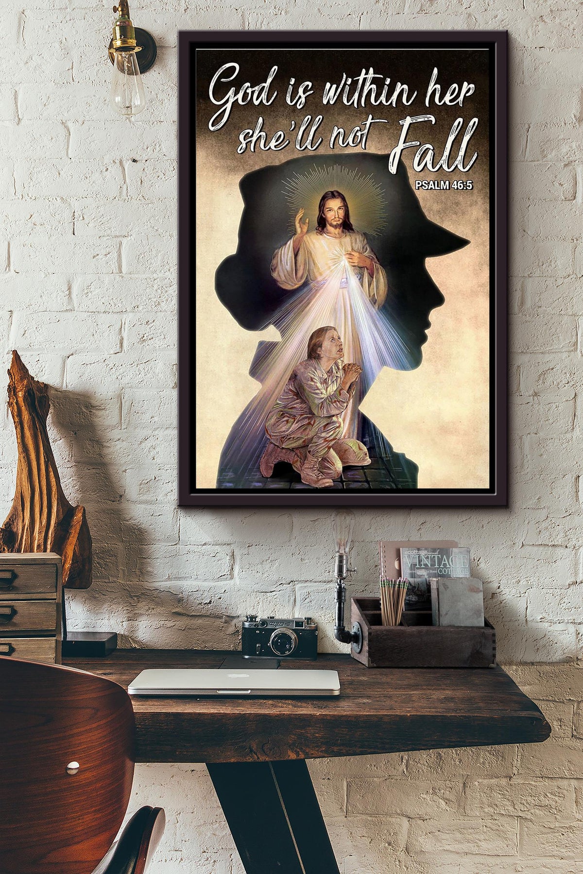 Female Soldier Veteran God Is Within Her She Will Not Fall Poster Framed Matte Canvas