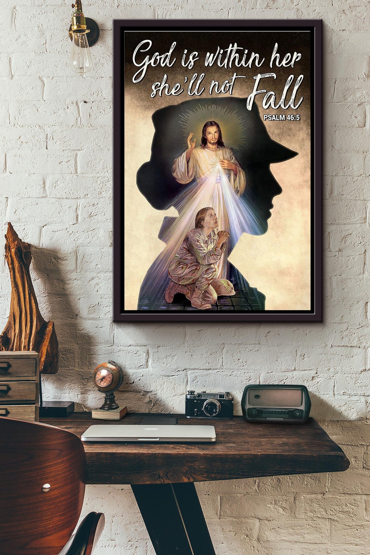 Female Soldier Veteran God Is Within Her She Will Not Fall Poster Framed Matte Canvas