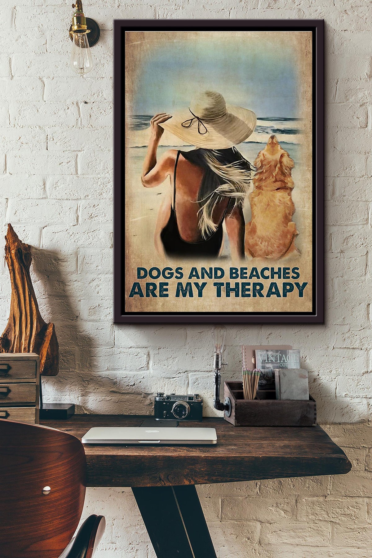 Dogs And Beaches Are My Therapy Poster Framed Matte Canvas