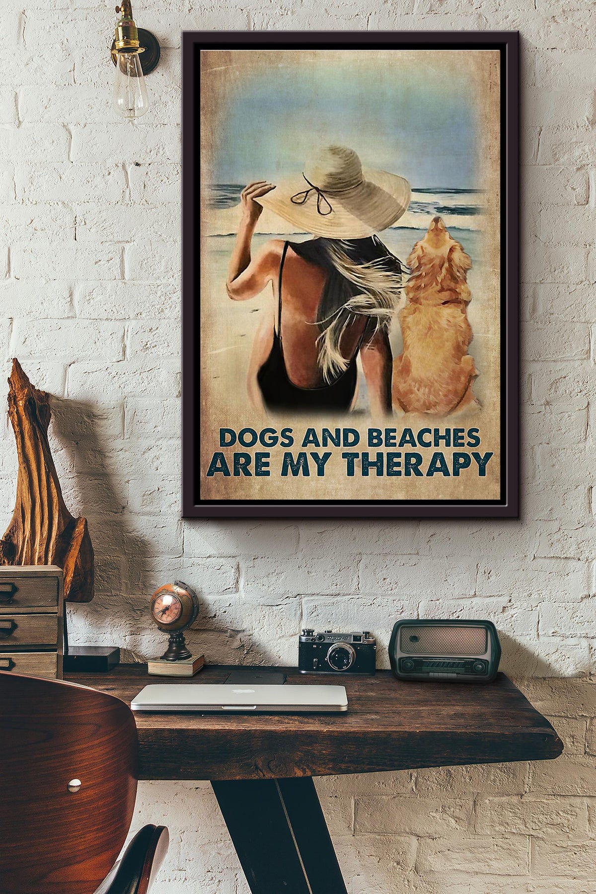 Dogs And Beaches Are My Therapy Poster Framed Matte Canvas