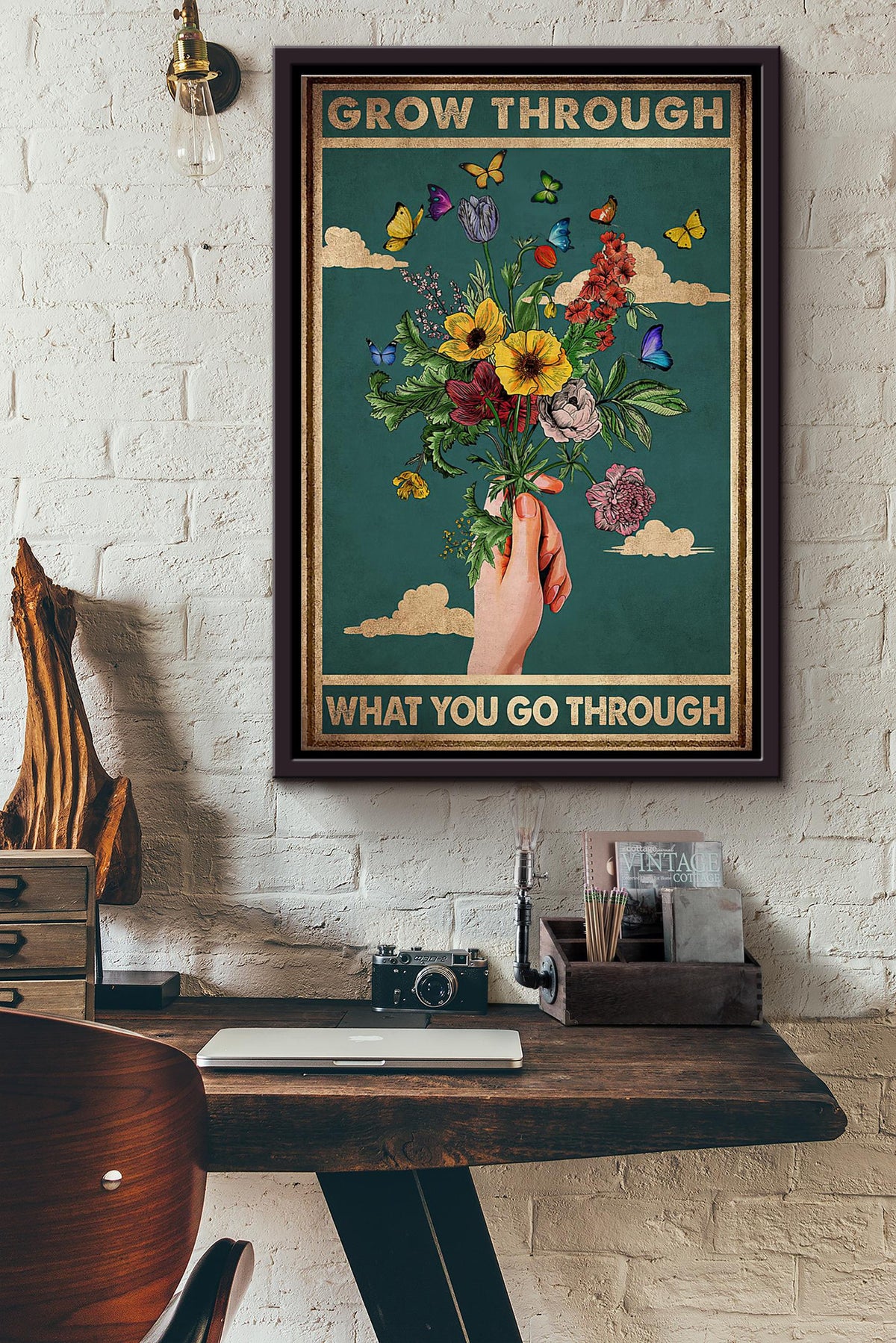 Butterfly Flower Grow Through What You Go Through Poster Framed Matte Canvas