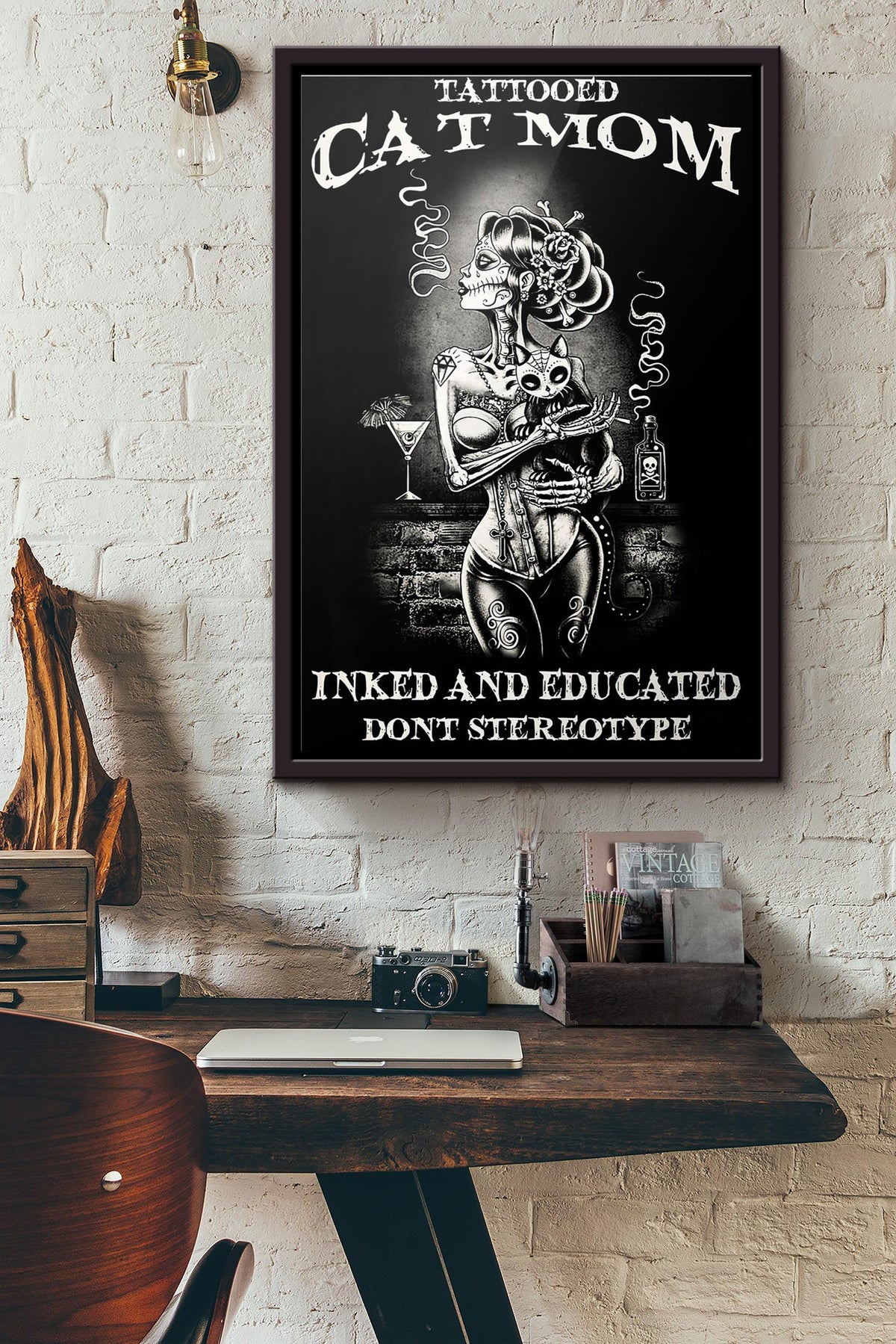 Tattooed Cat Mom Inked And Educated Dont Stereotype Poster Framed Matte Canvas