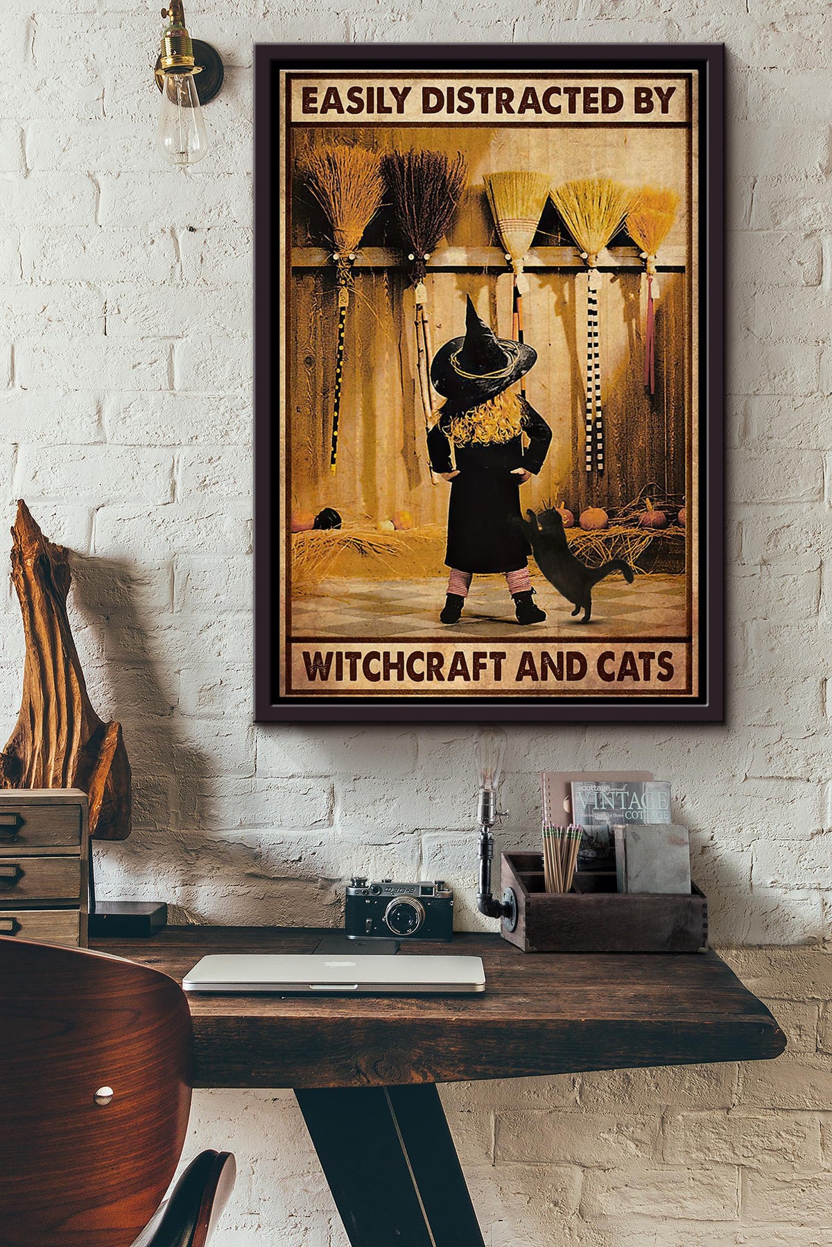 Easily Distracted By Witchcraft And Cats Poster Framed Matte Canvas