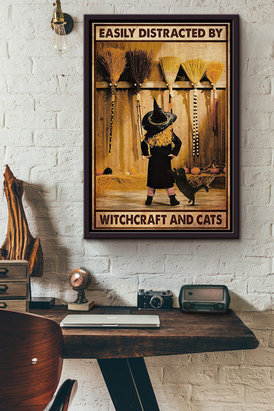 Easily Distracted By Witchcraft And Cats Poster Framed Matte Canvas
