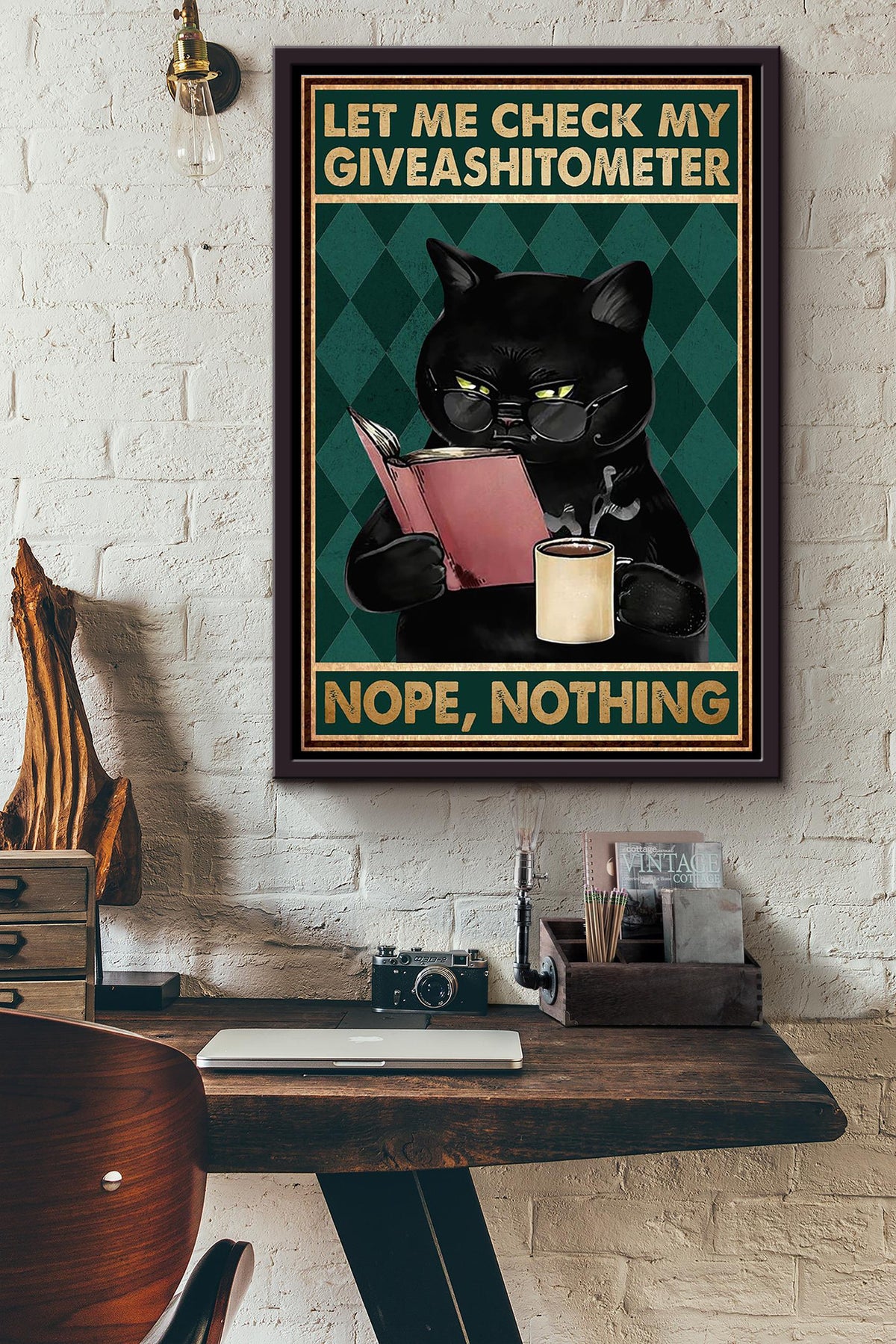 Let Me Check My Giveashitometer Nope Nothing Angry Black Cat Sipping Tea And Reading Book Poster Framed Matte Canvas