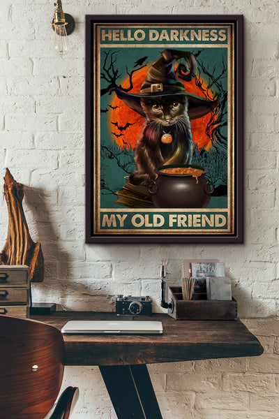 Witchcraft Cat Hello Darkness My Old Friend Blood Moon Poster Framed Matte Canvas