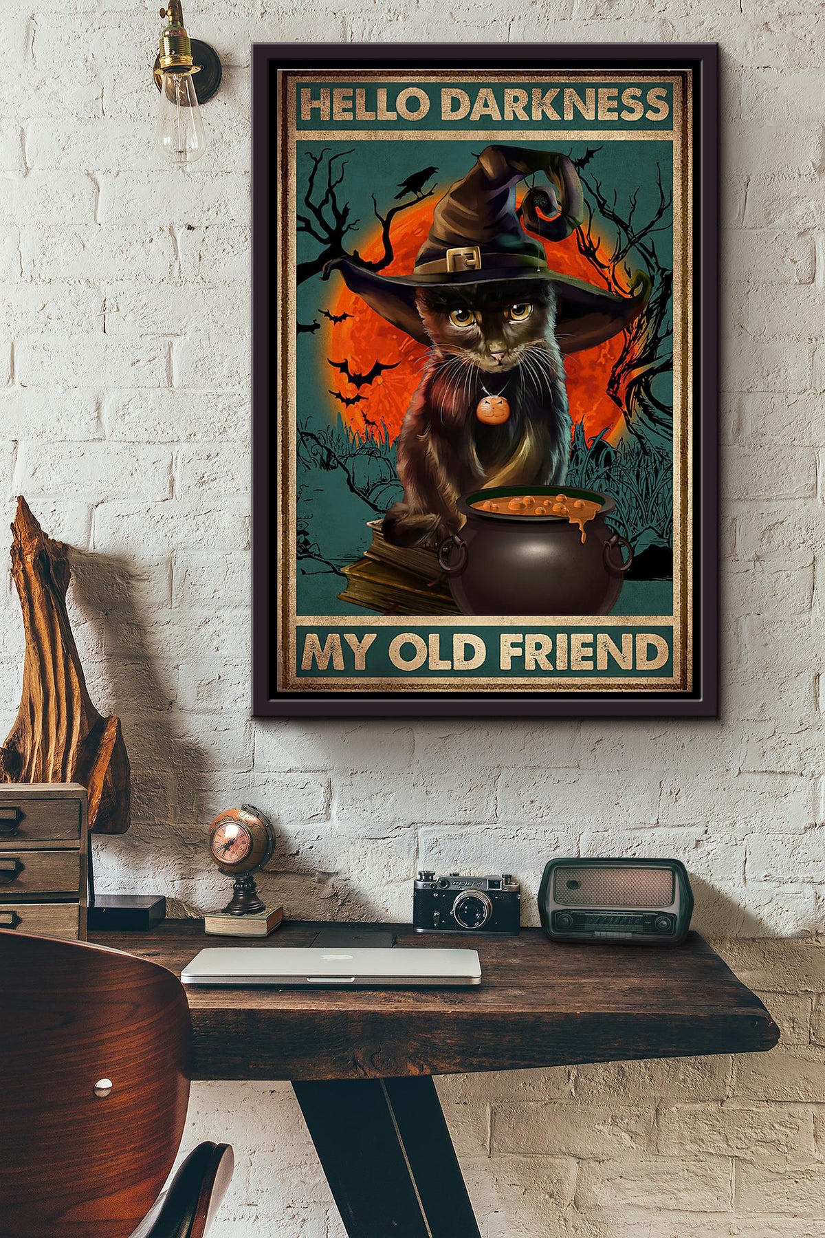 Witchcraft Cat Hello Darkness My Old Friend Blood Moon Poster Framed Matte Canvas