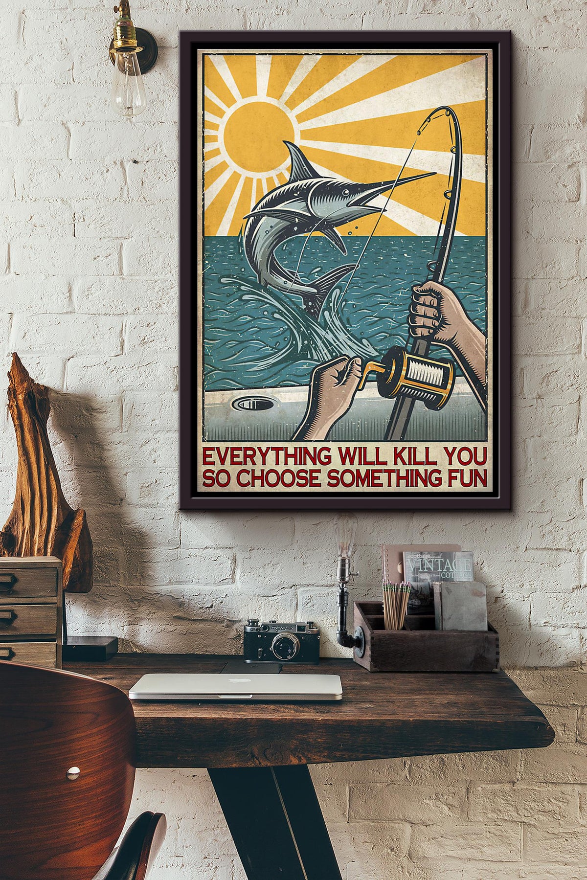 Swordfish Fishing Sunburst Everything Will Kill You Poster Framed Matte Canvas