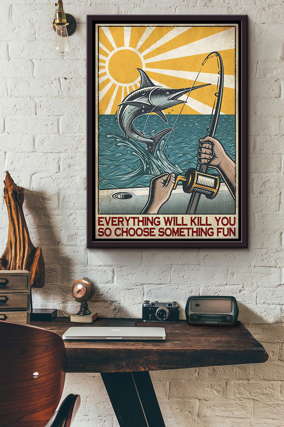 Swordfish Fishing Sunburst Everything Will Kill You Poster Framed Matte Canvas