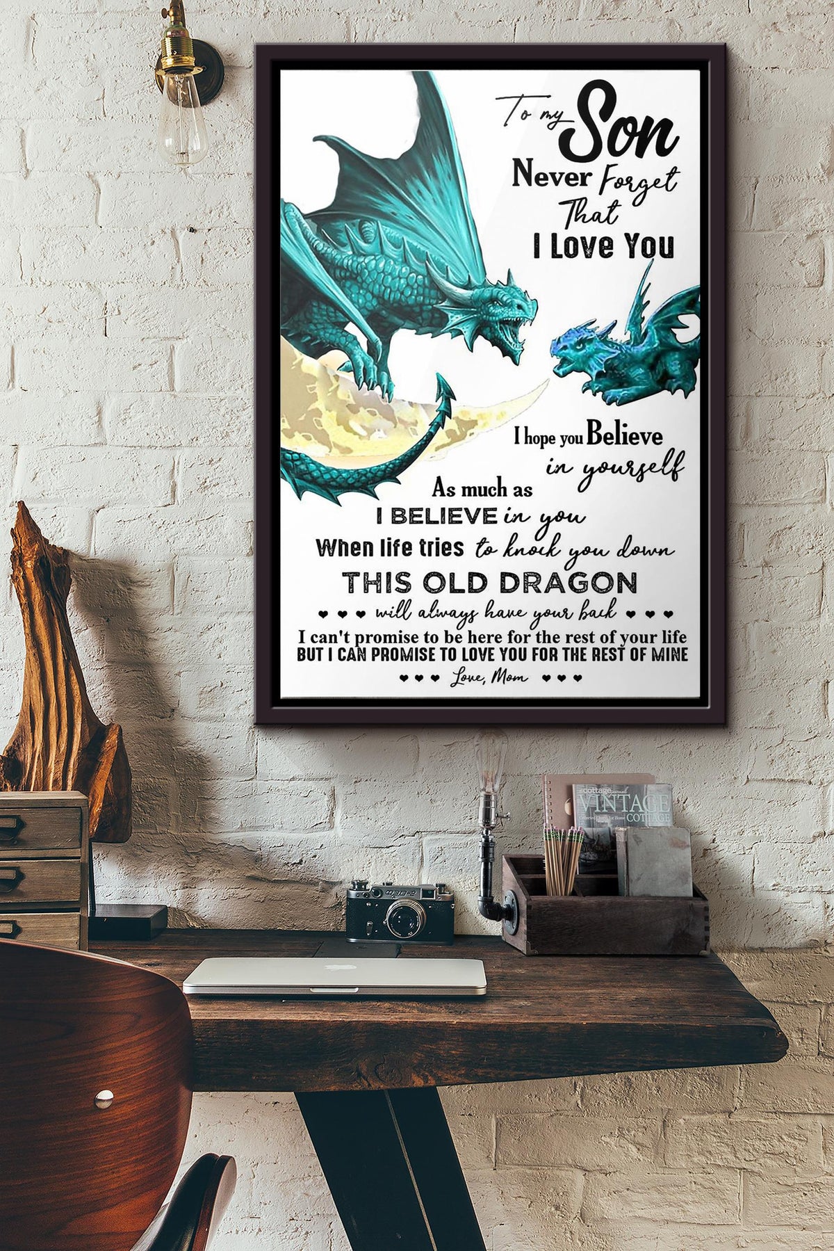 Mom To My Son Dragon Poster Framed Matte Canvas