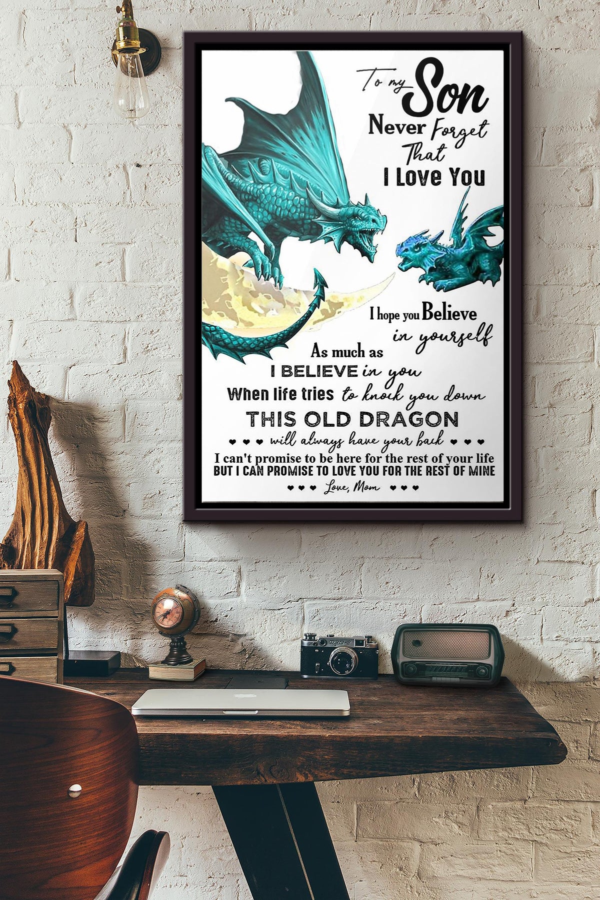 Mom To My Son Dragon Poster Framed Matte Canvas