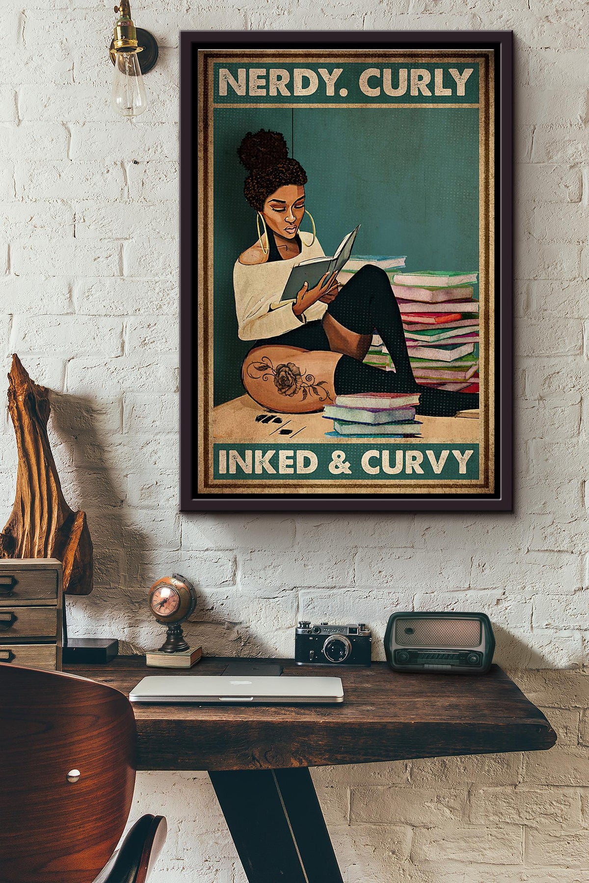 Tattoo Reading Afro Nerdy Curly Inked Curvy Poster Framed Matte Canvas