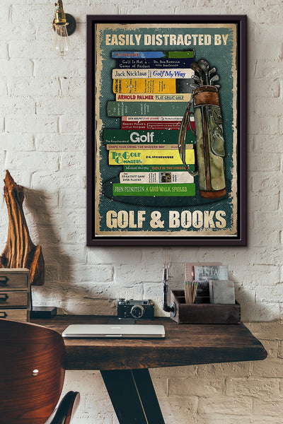 Easily Distracted By Golf And Books Framed Matte Canvas
