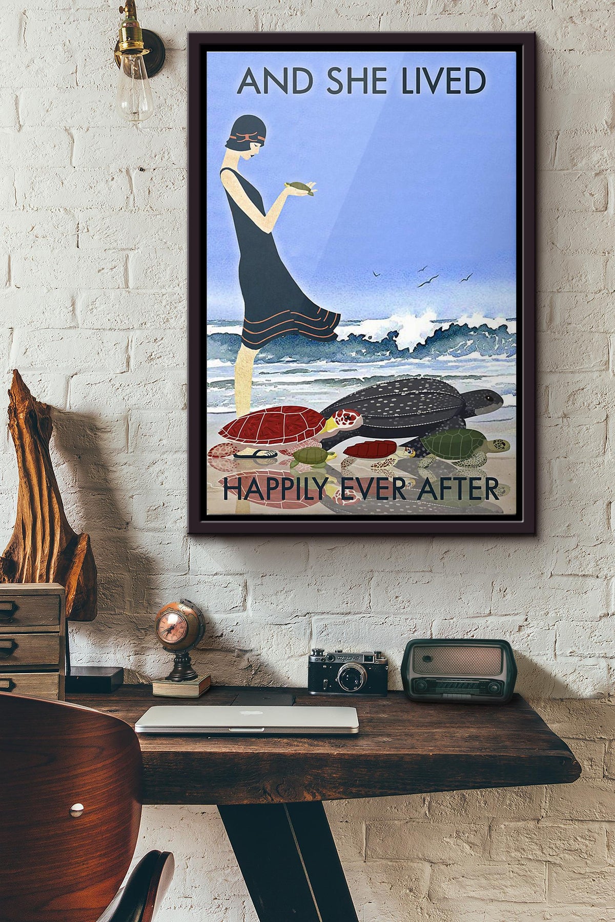Beach And Turtles And She Lived Happily Ever After Poster Framed Matte Canvas