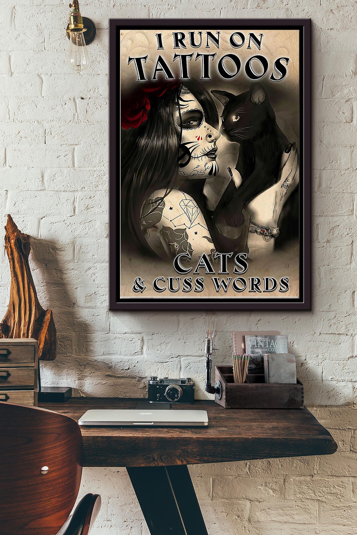 I Run On Tattoos Cats And Cuss Words Framed Matte Canvas