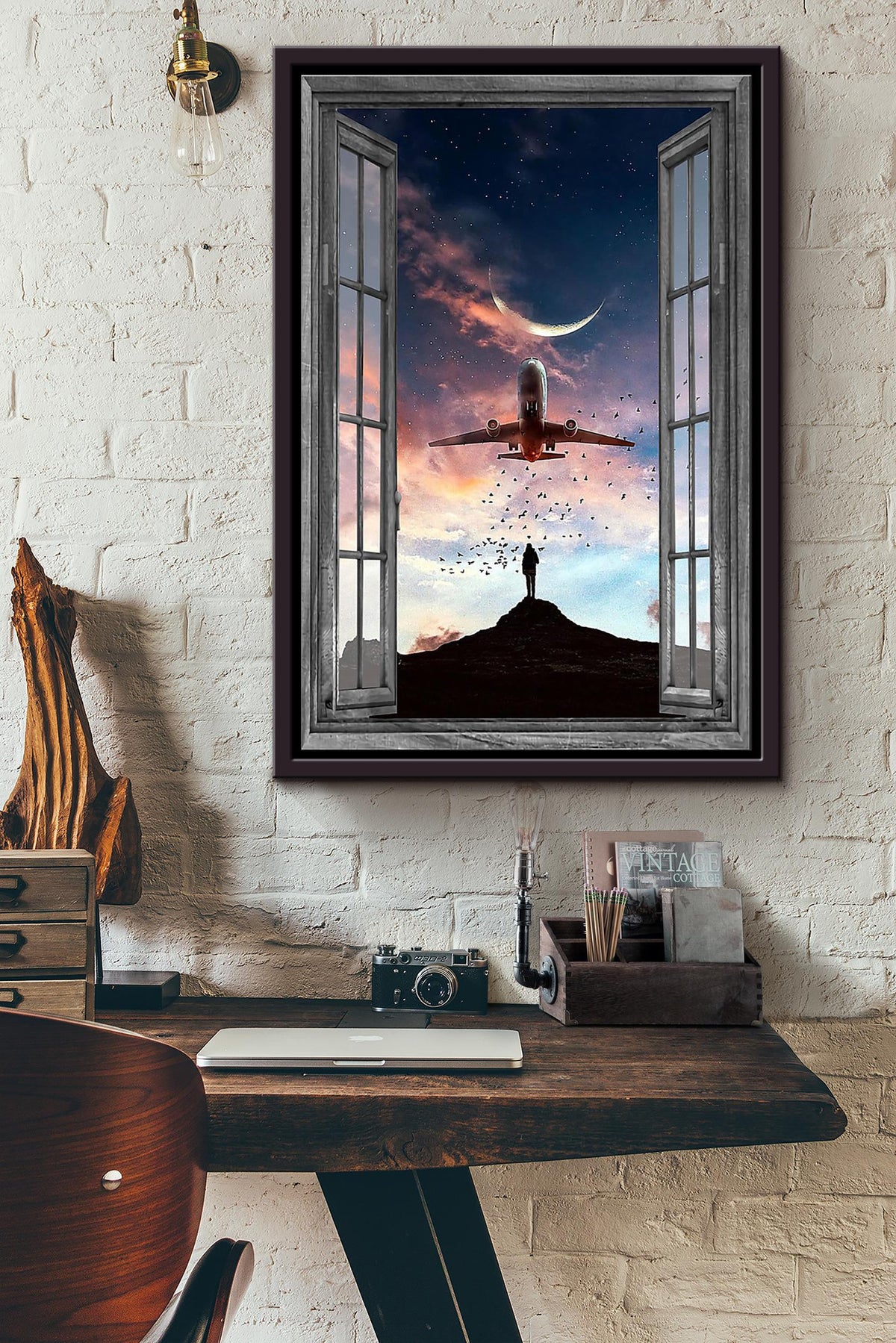 Window View Air Plan In The Night Poster Framed Matte Canvas