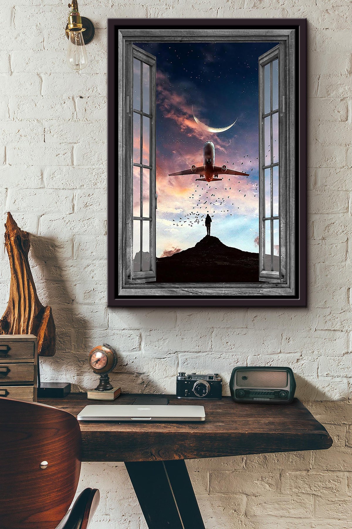 Window View Air Plan In The Night Poster Framed Matte Canvas