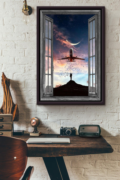 Window View Air Plan In The Night Poster Framed Matte Canvas