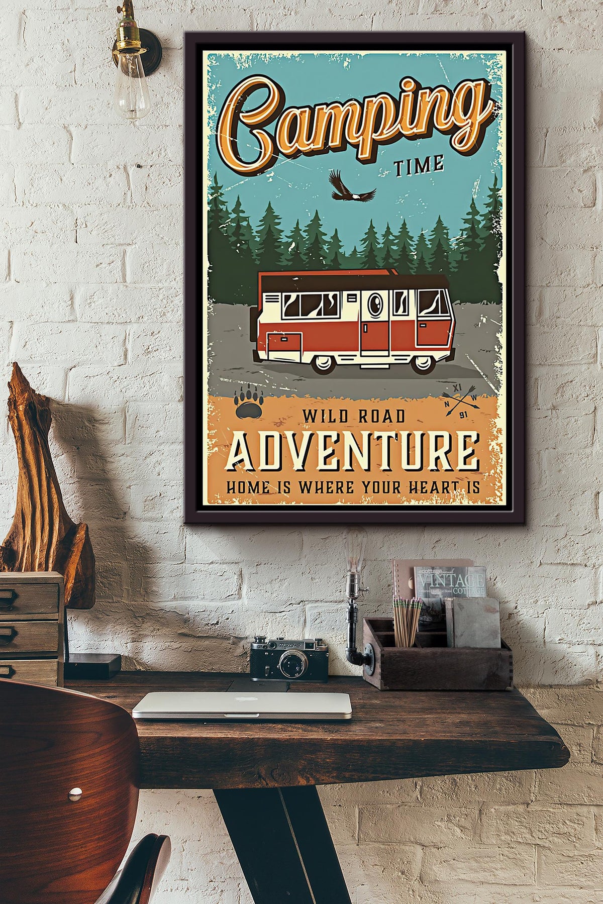 Camping Time Wild Road Adventure Home Is Where Your Heart Is Vintage Poster Framed Matte Canvas