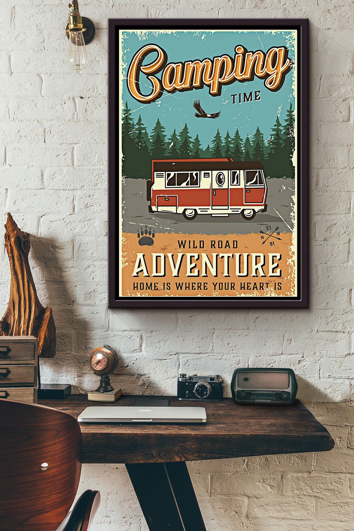Camping Time Wild Road Adventure Home Is Where Your Heart Is Vintage Poster Framed Matte Canvas