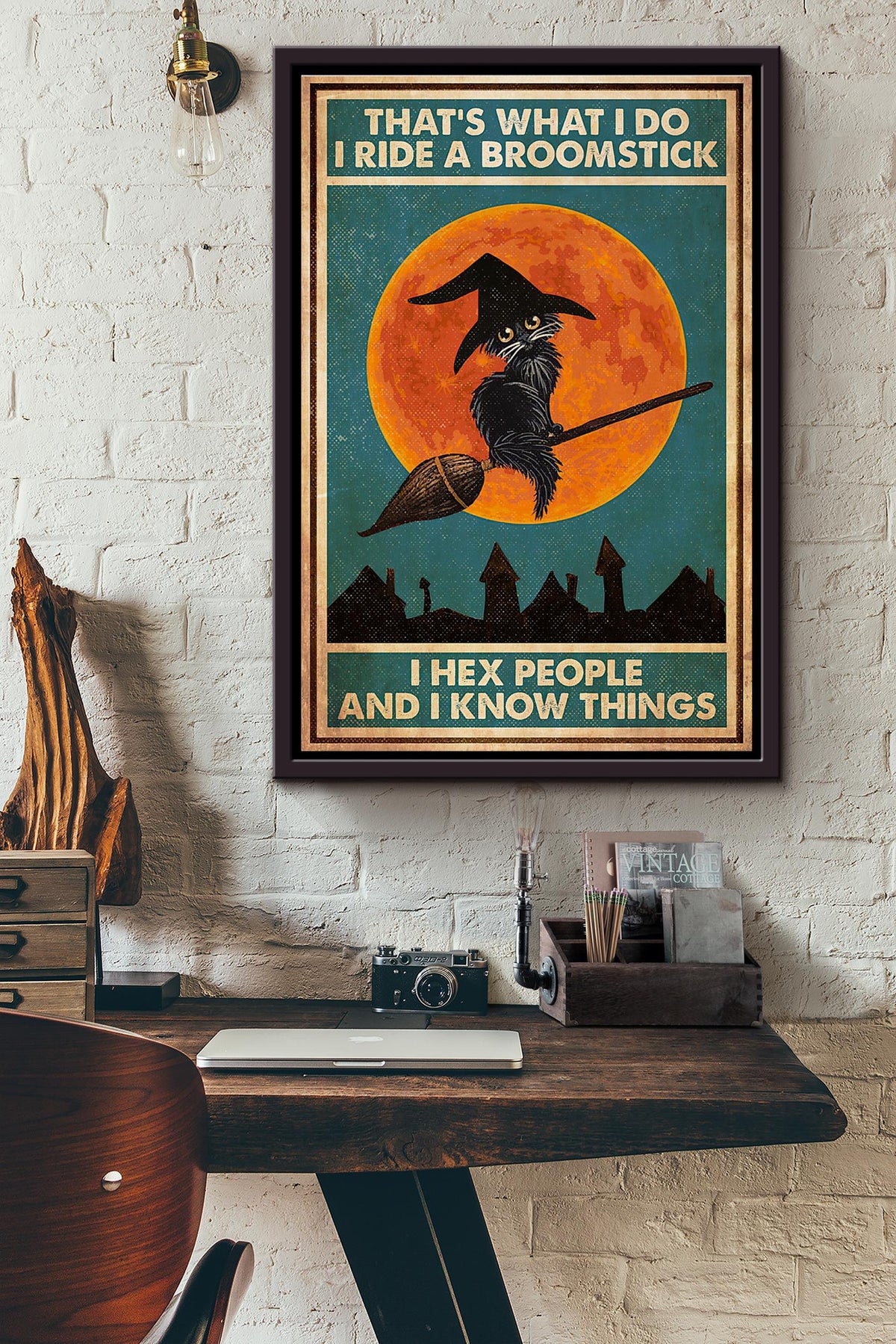 Cat Thats What I Do I Ride A Broomstick I Hew People And I Know Things Blood Moon Halloween Poster Framed Matte Canvas