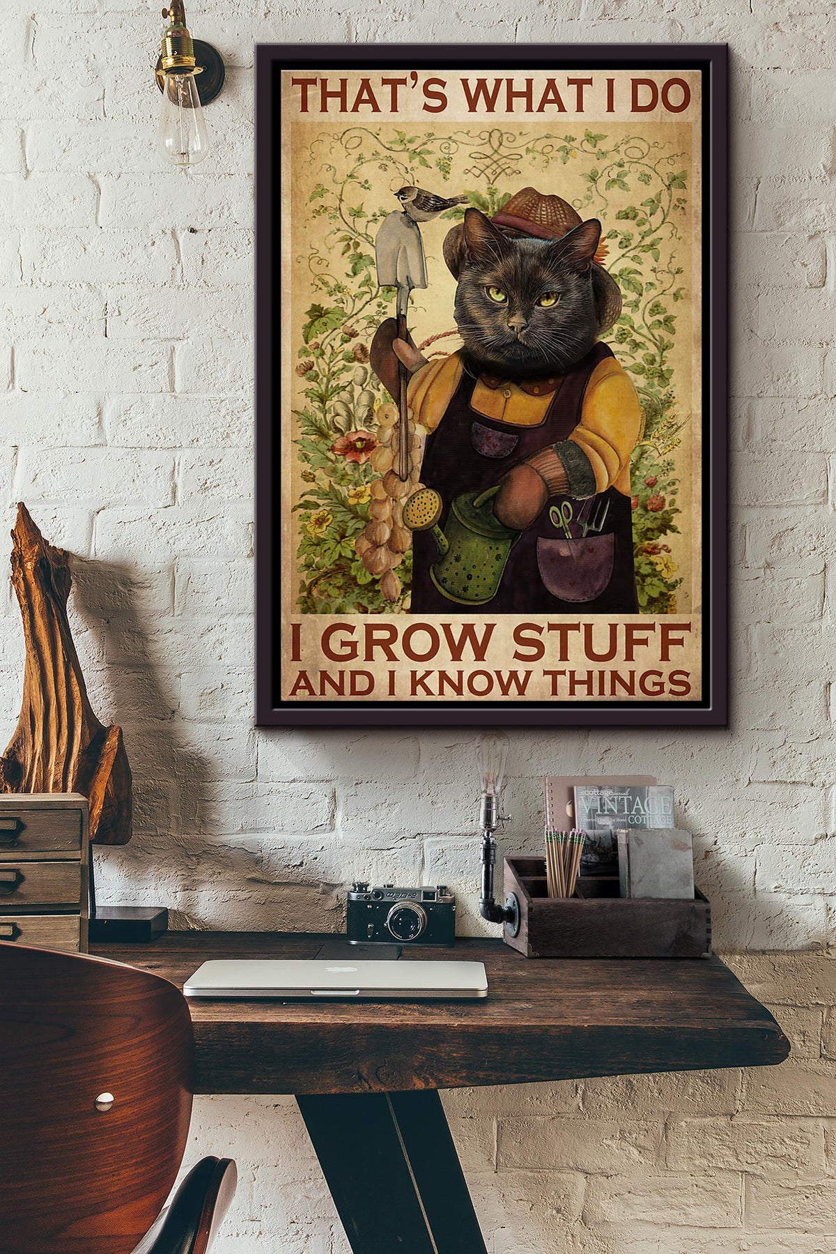 Cat Gardening Thats What I Do I Grow Stuff And I Know Things Poster Framed Matte Canvas
