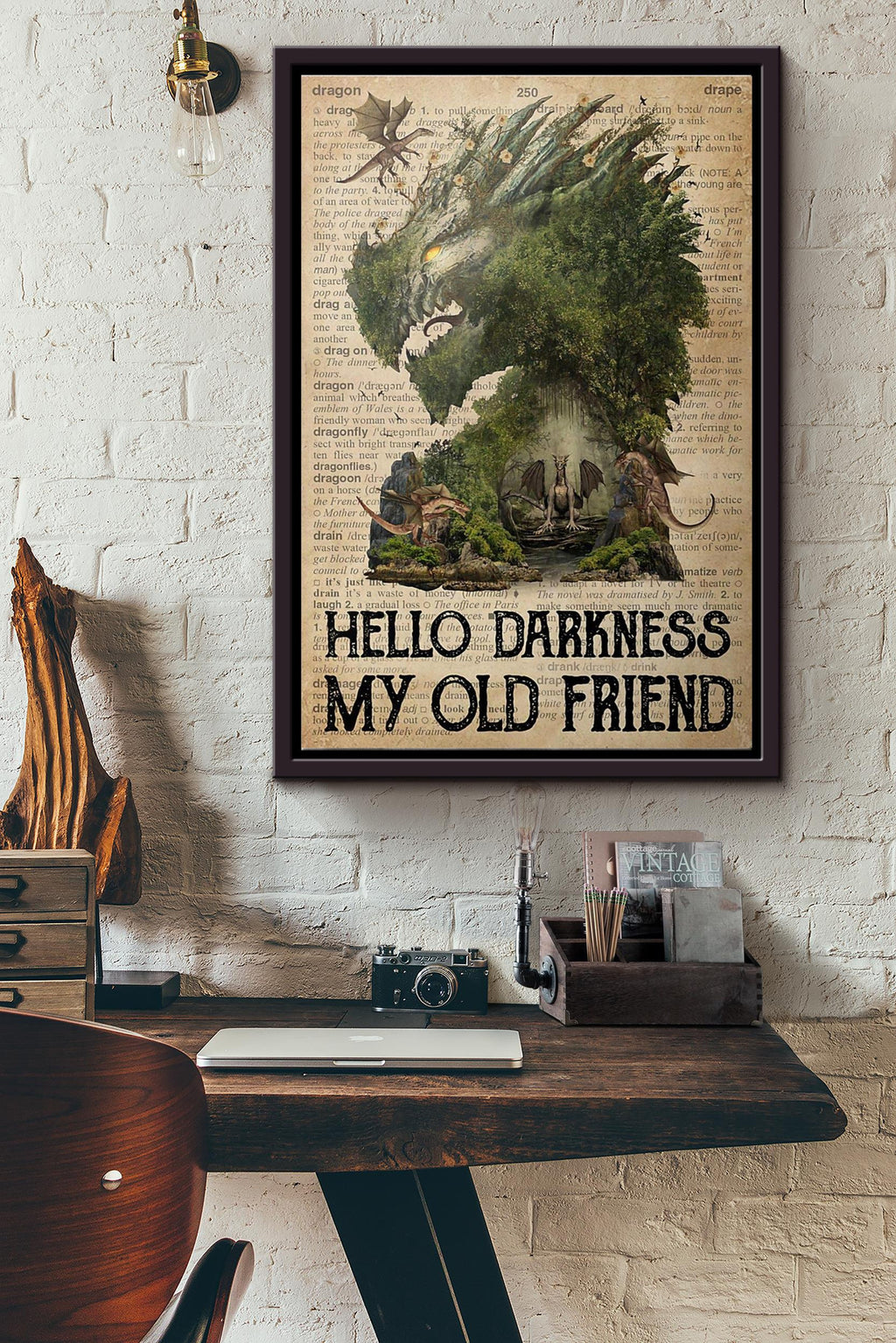 Dragon Hello Darkness My Old Friend Poster Framed Matte Canvas