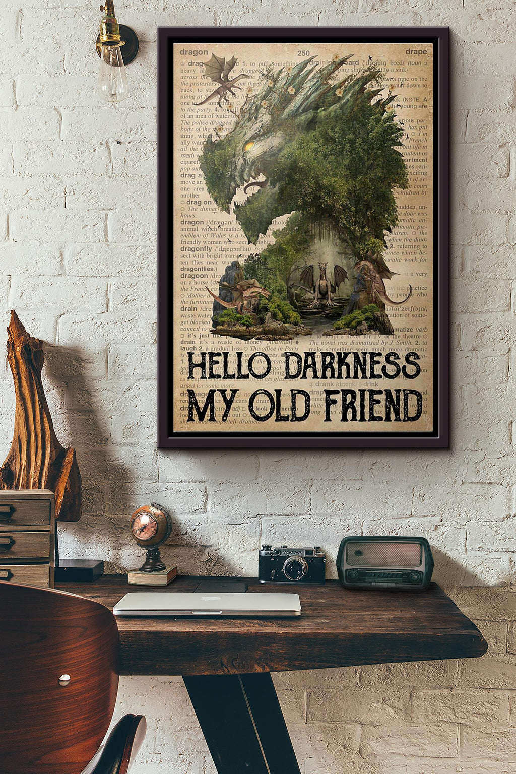 Dragon Hello Darkness My Old Friend Poster Framed Matte Canvas