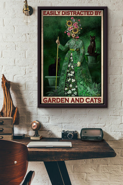 Easily Distracted By Garden And Cats Flowers Poster Framed Matte Canvas