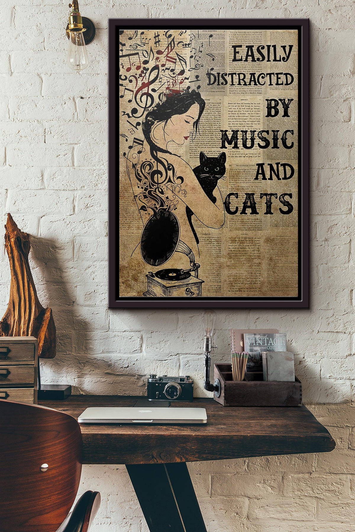Easily Distracted By Music And Cats Poster Framed Matte Canvas