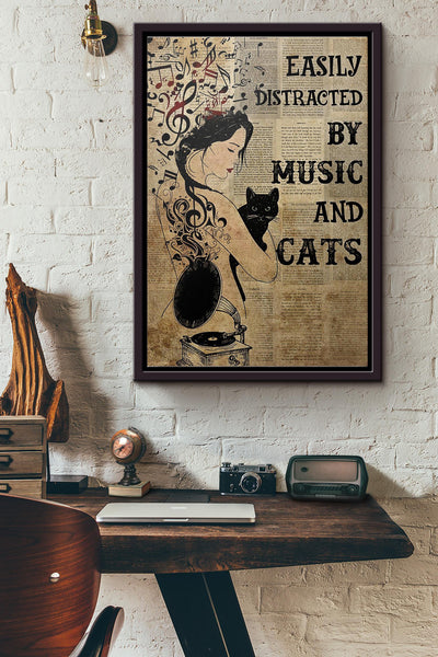 Easily Distracted By Music And Cats Poster Framed Matte Canvas