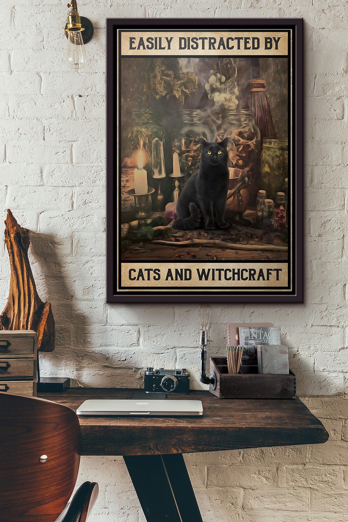 Black Cat Easily Distracted Cats And Witchcraft Poster Framed Matte Canvas