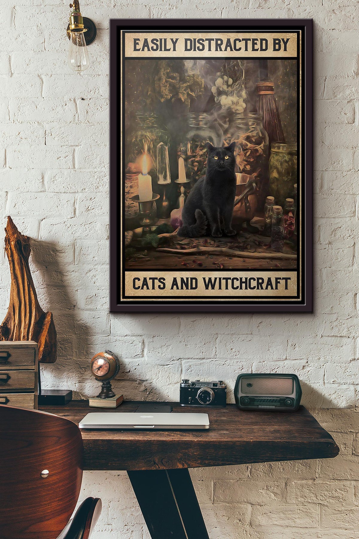 Black Cat Easily Distracted Cats And Witchcraft Poster Framed Matte Canvas