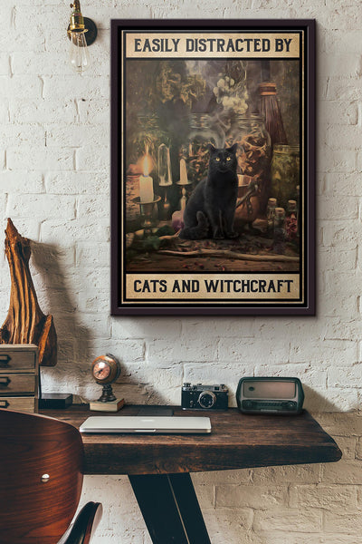 Black Cat Easily Distracted Cats And Witchcraft Poster Framed Matte Canvas