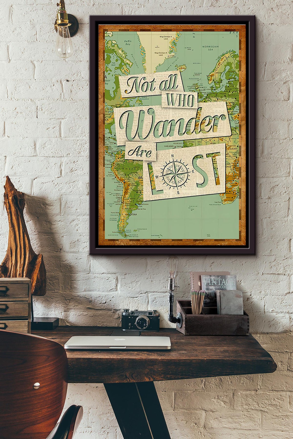 Not All Who Wander Are Lost Hiking And Traveling Compass World Map Poster Framed Matte Canvas
